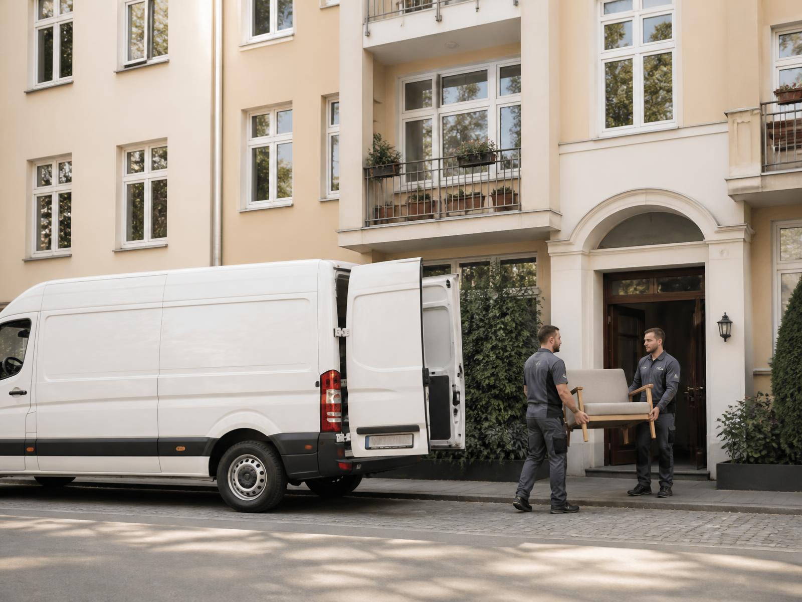 Transporter und Team von Entrümpelungen Schneider vor einem Wohnhaus